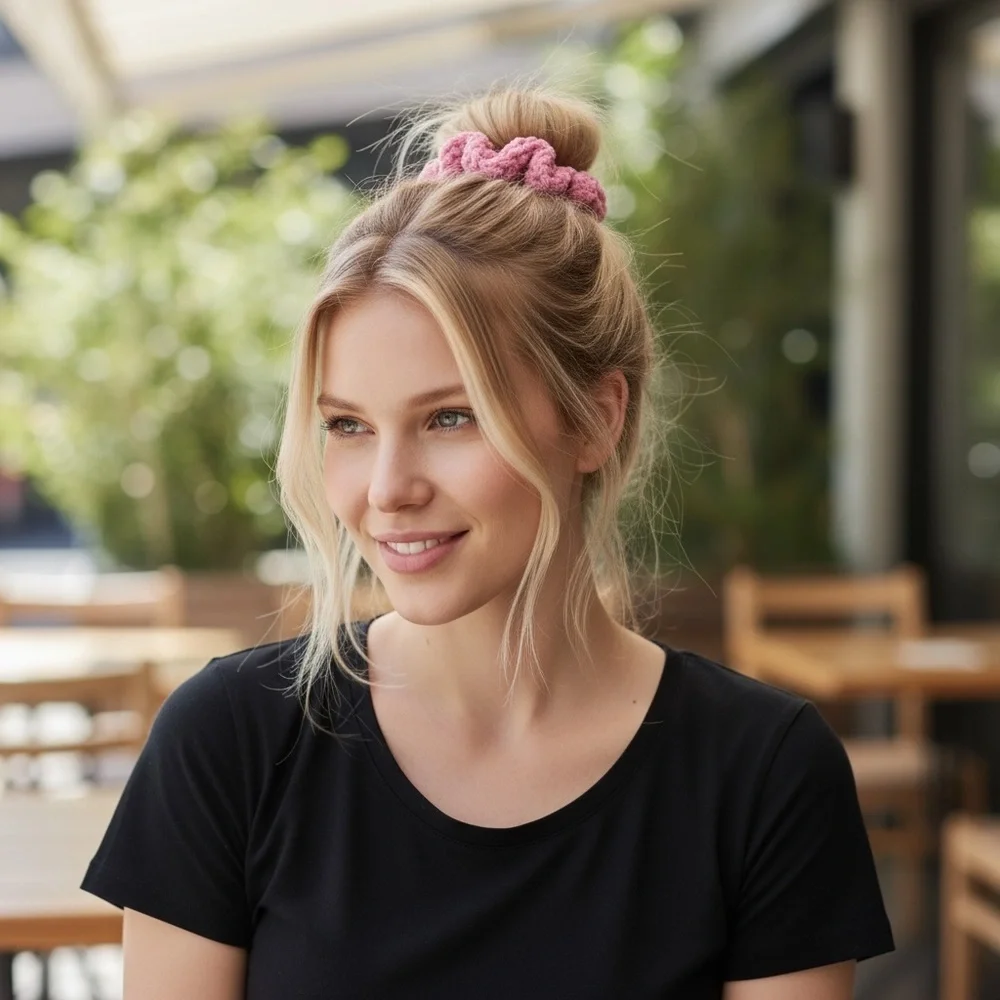 Chic Pink Crochet Hair Scrunchie